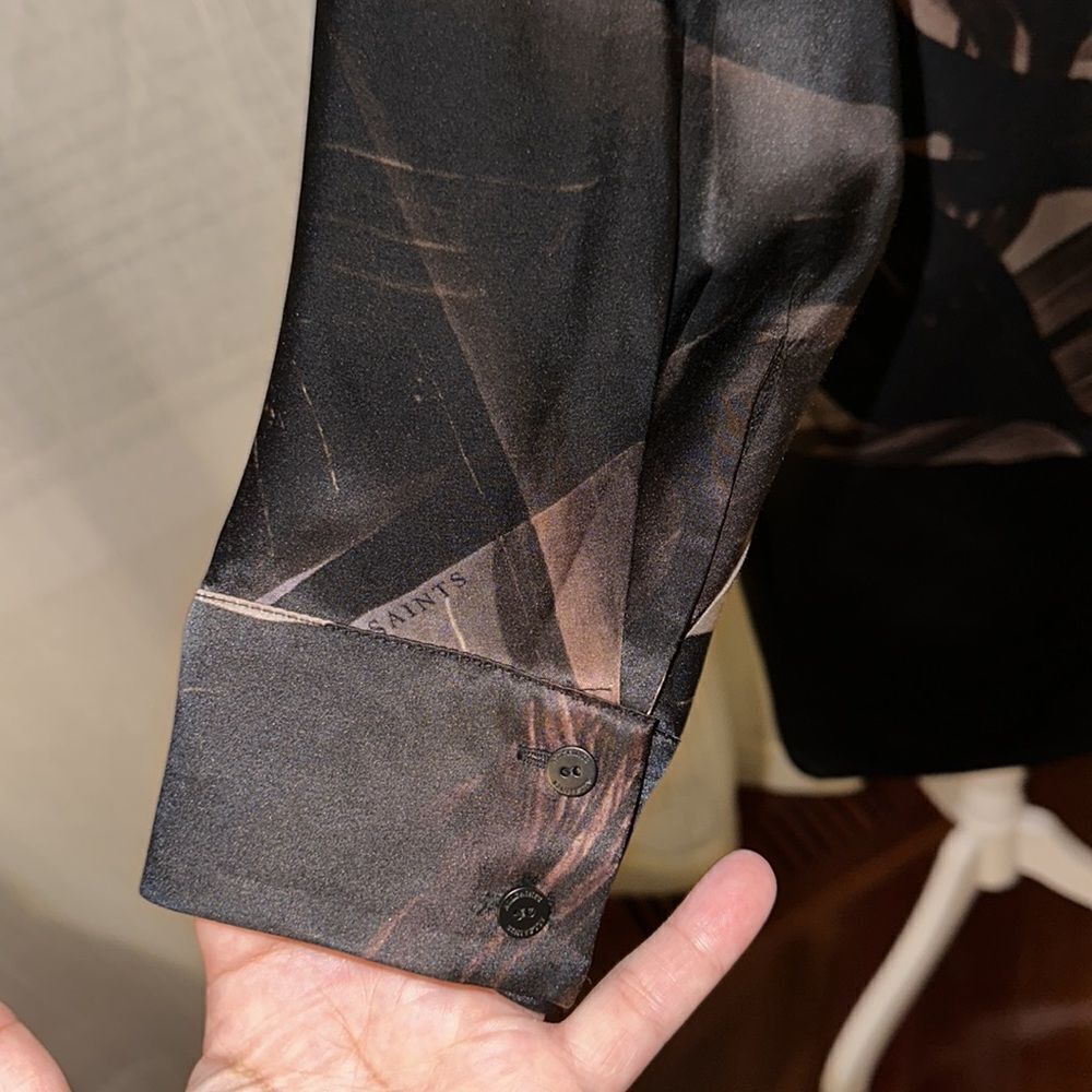 All Saints Black Satin Abstract Floral Tie-Neck Blouse with Bronze Accents - Picture 15 of 16